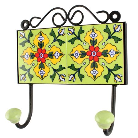 Pea Green With Yellow Flower Ceramic Tile Hook